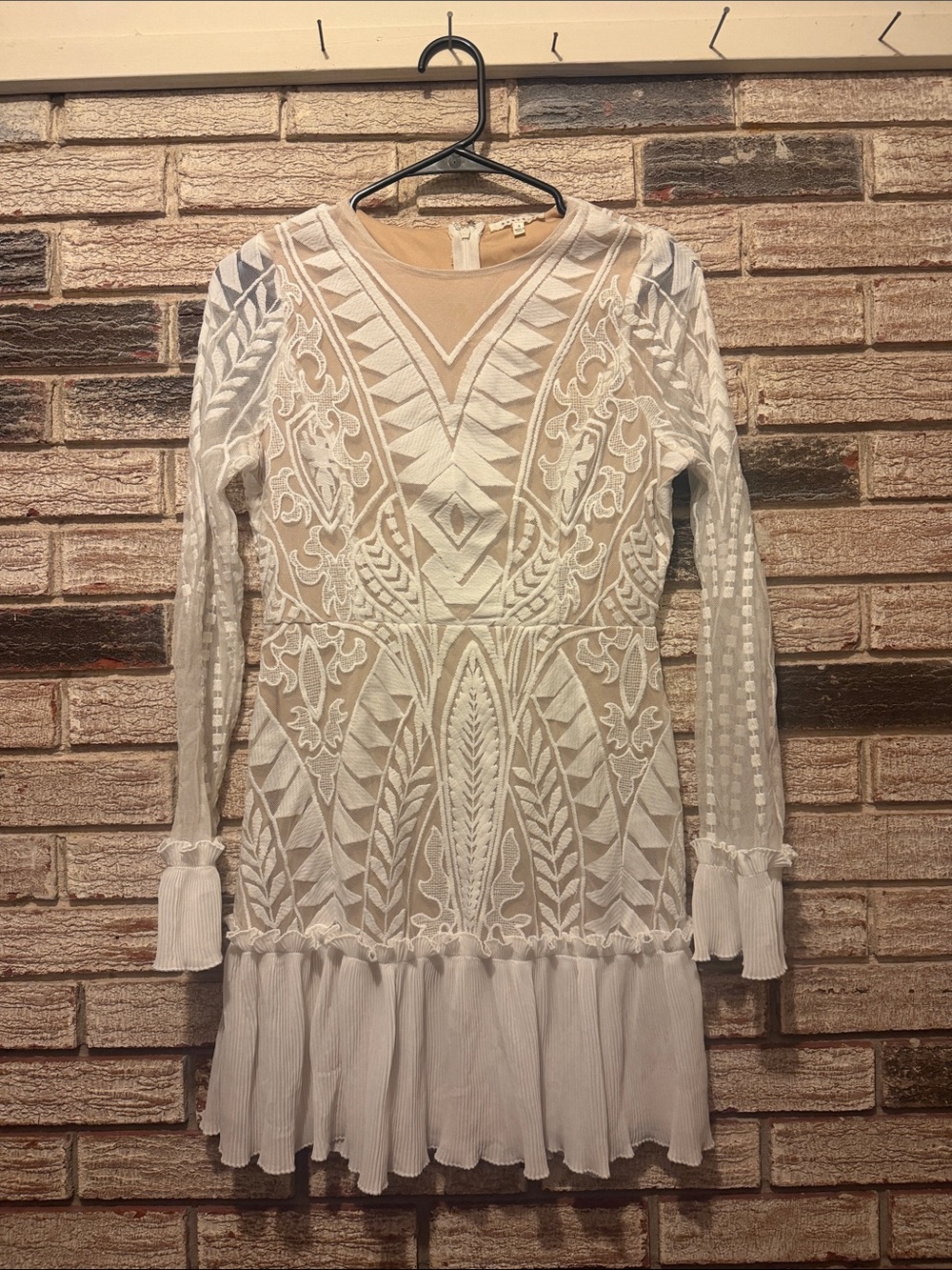 White Embroidered Long-Sleeve Mini Dress with Pleated Hem